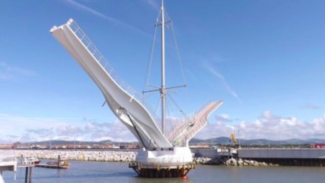 The opening, lightweight bridge, named Pont y Ddraig, or Dragon Bridge